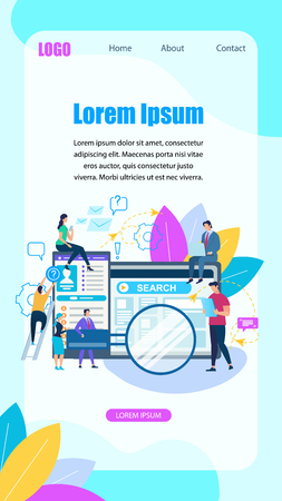 Vertical Banner with Copy Space. Tablet and Smartphone with Open Browser. People Look for Information through Magnifier on Web Page. Leaves and Outline Icons Around. Cartoon Flat Vector Illustrationのイラスト素材