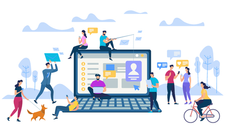 Young People with Phones at Big Laptop, Like Icons in Speech Bubbles. Social Media Community on Park Background. Smartphone Networking Communication. Internet Account. Cartoon Flat Vector Illustrationのイラスト素材