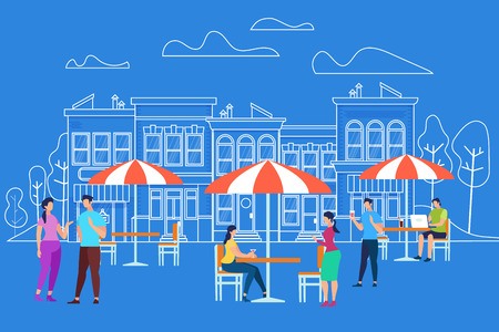 People Sitting at Tables with Umbrellas, Drinking Coffee or Tea, Talking on Blue Background with Outline Cityscape. Men and Women Characters Relaxing at Outdoor Cafe. Cartoon Flat Vector Illustrationのイラスト素材
