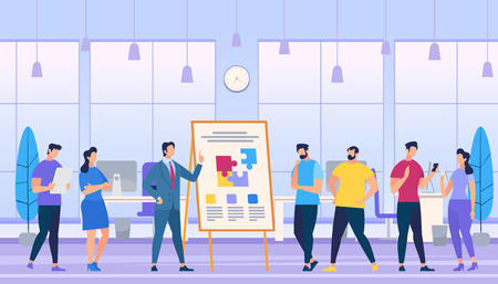 Man Teach how to Create Strong Team Composing Puzzle Pieces on Flip Board in Office. Employees Watching. Learning Process. Creation Successful Project. Team Working. Cartoon Flat Vector Illustrationのイラスト素材
