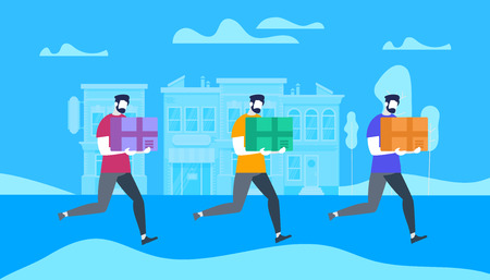 Young Bearded Men Characters Carrying Bulky Cardboard Package Boxes in Hands on City View Building and Trees Blue Background. Express Delivery Service, Postal Shipping Cartoon Flat Vector Illustrationのイラスト素材