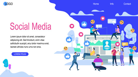 Social Media Horizontal Banner with Copy Space. Young Men and Women Sitting on Huge Monitor and Walk Around Using Smartphones. People Texting Messages to Friends. Cartoon Flat Vector Illustration.のイラスト素材