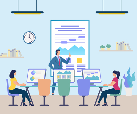 Business People Attending Professional Training with High Skilled Coach. Women Sitting at Desk with Computers Watching Video Presentation on Huge Screen. Coaching Cartoon Flat Vector Illustrationのイラスト素材