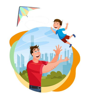 Father Playing with Happy Little Son at City Park. Male Character Throwing Little Boy Up to Kite. Loving Dad and Kid Spending Time Together. Happy Father's Day. Flat Cartoon Vector Illustrationのイラスト素材
