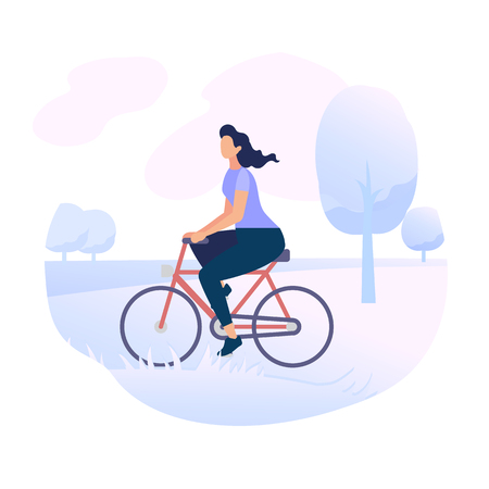 Young Woman Character Riding Bicycle on City Park Background. Active Girl Enjoying Bike Ride Open Air. Healthy Lifestyle, Eco Transportation. Stylish Female Side View. Cartoon Flat Vector Illustrationのイラスト素材