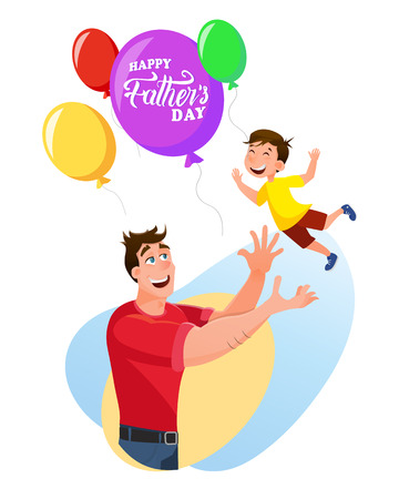 Happy Father Throwing Kid Up to Bunch of Balloon. Young Man Playing with Little Son. Loving Dad and Joyful Child Spending Time Together. Father's Day Celebration. Flat Cartoon Vector Illustrationのイラスト素材