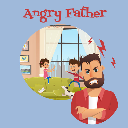 Angry Father Look After Playing Children Banner. Annoyed Dad Character with Clenched Teeth. Naughty Playful Boy and Girl Making Mess in Living Room. Flat Cartoon Vector Illustrationのイラスト素材