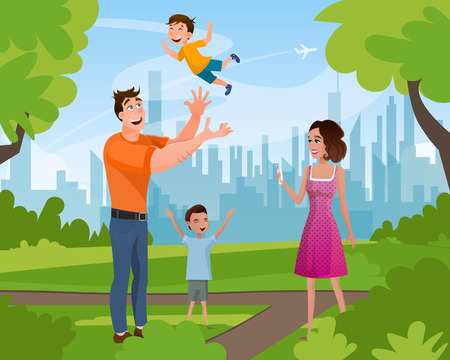 Happy Family Walking Playing in Summer City Park. Father Character Throwing Little Son, Elder Brother Standing with Hand Up, Mother Taking Picture. Flat Cartoon Vector Illustrationのイラスト素材