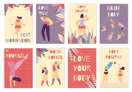 Colored Card Set with Positive Body Woman Best Motivation Love Time Yourself Figure Be Active Concept Vector Inspirational Lettering Illustration with Floral Design and Beautiful Plus Size Girlsのイラスト素材