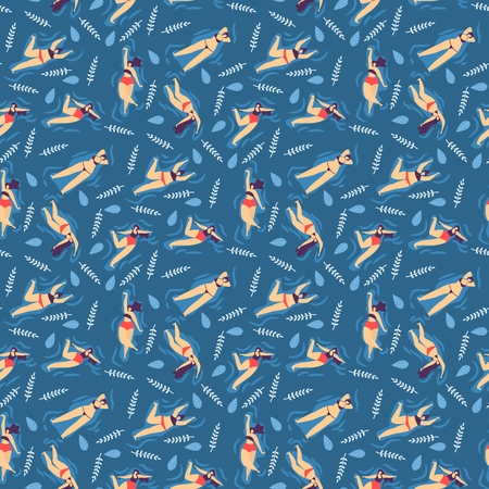 Seamless Flat Cartoon Woman Body Positive Print Pattern Girls in Swimsuits Swimming in Pool or Sea Enjoying Bikini Party Summer Recreation Vector Style Illustration with Foliage Decoration Textureのイラスト素材
