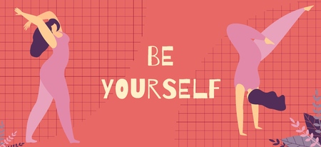 Be Yourself Inspirational Lettering Banner Positive Body Landing Page Space Woman Motivational Text Active Plus Size Girls Doing Yoga Fitness Exercises Self Acceptance Concept Vector Flat Illustrationのイラスト素材