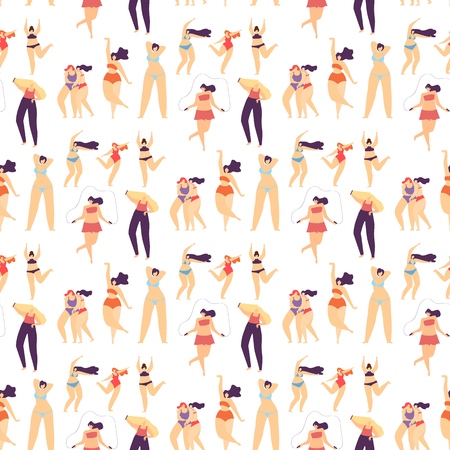 Flat Seamless Pattern Active Sporty Plus Size Girl Motivational Texture Body Positive Concept Love Yourself Inspiration Repeat Vector Illustration with Dancing Doing Fitness Posing in Bikini Womanのイラスト素材