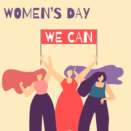 Motivational Feminist Cartoon Flat Banner Template Group Girls Standing with Streamer Lettering We...