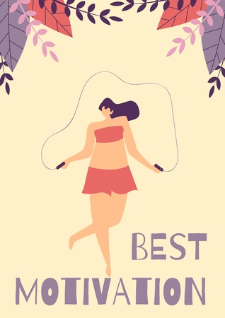 Flat Cartoon Card in Floral Style Inspirational Lettering Best Motivation Positive Body Concept Plus Size Woman Doing Exercises with Jumping Rope Girl Training Workout Weight Loss Vector Illustrationのイラスト素材