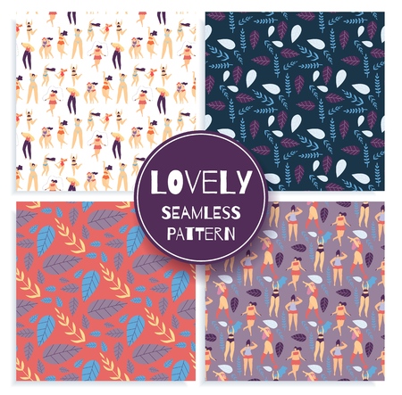Lovely Seamless Pattern Set with Creative Inscription Motivational Body Positive Texture and Trendy Eco Herbal Wallpaper with Tropical Leaves Vector Flat Cartoon Illustration Happy Plus Size Womenのイラスト素材