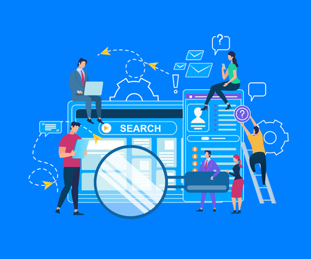 Tiny People Moving Around of Huge Computer Monitor and Smartphone on Blue Background with Outline Elements. Search Window on Screen. Businessman Holding Magnifier. Cartoon Flat Vector Illustrationのイラスト素材