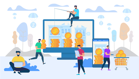 Earning and Spending Money in Internet Using Digital Technologies. Man Work on Laptop, Guy Push Trolley with Money, Male Person Catch Golden Coins from PC Monitor. Cartoon Flat Vector Illustration.のイラスト素材