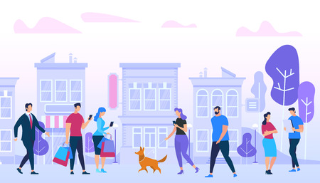 Men and Woman Walking, Meeting Friends, Communicating, Using Gadgets, Walk with Dogs, Talking, Relaxing on Urban Buildings Background. Active People Lifestyle in City. Cartoon Flat Vector Illustrationのイラスト素材