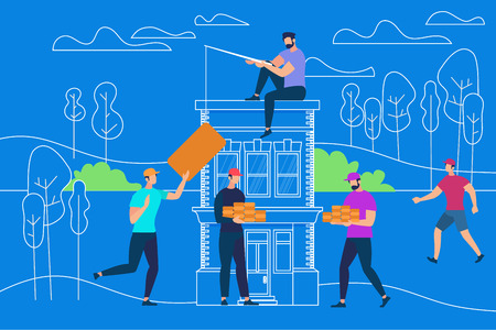 Process of House Building. Engineering, Architectural Work, Builder Make House Project on Blue Background with Outline Nature. Male Characters Working in Construction. Cartoon Flat Vector Illustrationのイラスト素材