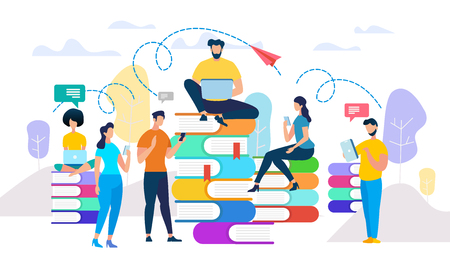 Young People Study, Prepare for Exams, Get Knowledge From Books and Internet. Online Training, Smart Tech, Books Heaps at Landscape Background. Distance Learning. Cartoon Flat Vector Illustration.のイラスト素材