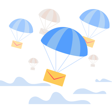 Air Mail Delivery. Yellow Closed Paper Envelope Falling Down with Blue Parachute in Sky with Clouds. Transportation Shipping Package, Express Postal Service, Letter Postal Flat Vector Illustrationのイラスト素材