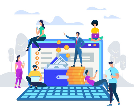 Businessman in Suit Stand on Coin Pile at Huge Laptop Monitor, Wallet with Banknotes, People Using Gadgets Learning Around. Business Coach Explaing Finance Strategy. Cartoon Flat Vector Illustration.のイラスト素材
