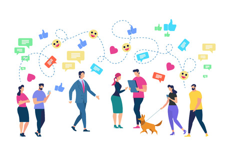 People Characters Using Smartphone and Hi-Tech Gadgets for Social Media Networking. Men and Women Connected with Internet, Communicating and Chatting with Friends. Cartoon Flat Vector Illustrationのイラスト素材