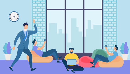 Network and Teamwork Concept. Communication Systems, Digital Technologies and Crowdsourcing. Networking People. Men Work and Messaging with Gadgets in Coworking Area. Cartoon Flat Vector Illustrationのイラスト素材