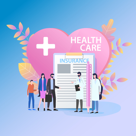 Medical Insurance Health Care Family Doctor Female Nurse Vector Illustration. Man Woman Child Patient Heart Insurance Contract Medical Service Hospital Clinic Money Refund Finance Supportのイラスト素材