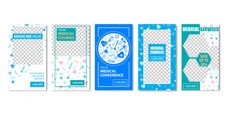 Medical Courses Conference Services Medicine Online Banner Set with Transparent Background. Education Internet Consultation Professional Health Insurance Advertisement Social Media Coverのイラスト素材