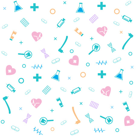 Medical Symbol Seamless Pattern. Dental Drill, Syringe, Pill, Flask, DNA, Heart, Cross, Heartbeat, Mirror Vector Illustration. Pharmacy Chemistry Dentistry Stomatology Repeat Backgroundのイラスト素材