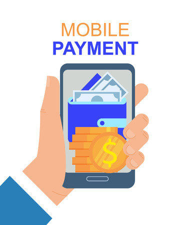 Hand with Mobile Phone Payment App Vector Illustration. Electronic Money Wallet Credit Card Online Banking Smartphone Application. Contactless Payment Internet Transaction Ecommerceのイラスト素材
