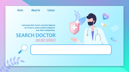 Search Doctor Online Service Male Professional Physician with Stethoscope Magnifying Glass Vector Illustration. Computer Find Specialist Medical Internet Consultation Advice Mobile Phone Applicationのイラスト素材