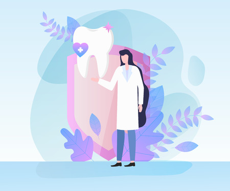 Woman Dentist White Tooth Dental Health Concept Vector Illustration. Insurance Protection Professional Caries Treatment Oral Hygiene Stomatology Doctor Checkup Service Whitening Recoveryのイラスト素材