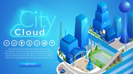 City Cloud Horizontal Banner with Copy Space. Abstract Futuristic Digital Metropolis with Infrastructure, , High-tech Network Service, IOT Digital Technology Concept 3D Isometric Vector Illustrationのイラスト素材