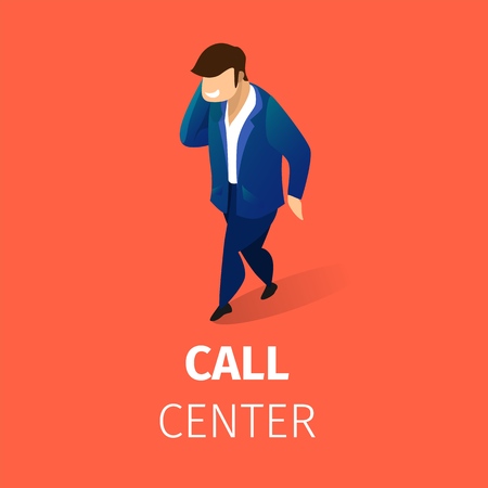 Call Center Square Banner. Businessman in Formal Suit Speak by Smartphone on Orange Background. Man Calling to Customer Support Service, Mobile Communication. 3D Isometric Cartoon Vector Illustration.のイラスト素材