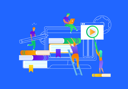 Little People Around of Big Desktop. Tutorial Infographic, E-learning Research, University Exam. Cartoon Students Training by Digital Books Technology. Online Education. Flat Vector Illustrationのイラスト素材