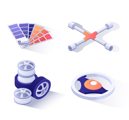 Set with Advertising Icons of 3d Symbols for Car Repair Service. Isolated Elements of Wheels, Tires and Disk, Cross Rim Universal Wrench, Steering-Wheel, Palettes Cards. Vector Isometric Illustration.のイラスト素材