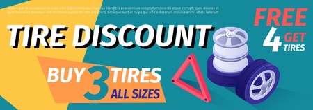 Vector Tire Sale out Banner, Great Discount Template. 3d Illustration with Realistic Shining Car Disk and Wheels. Editable Graphic Leaflet Design for Workshop, Autoservice. Print Advertisementのイラスト素材