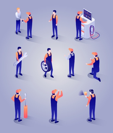 Car Repair Service Isometric Set. Auto Mechanic Characters with Special Equipment, Spare Parts, Tools. Technician Meeting Client. People Series Icons. Vector 3d Illustration on Gradient Backdropのイラスト素材