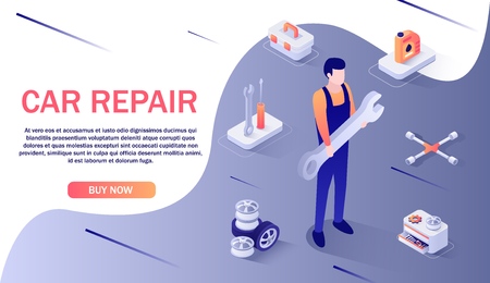 Banner for Car Repair Service and Spare Parts Online Store. Vector Isometric3d Illustration with Place for Advertising Text, Skilled Master Holding Huge Wrench in Hand and Tools, Equipment around.のイラスト素材