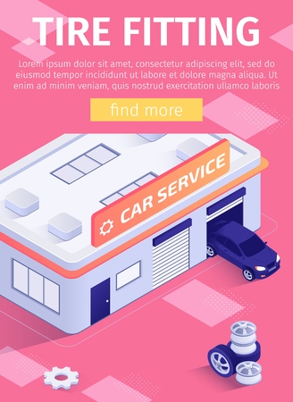 Media Poster Offers Tire Fitting Car Service. Isometric 3d Vector Auto Repair Shop Building and Repaired Sedan with New Wheels Leaving Garage Illustration. Template with Place for Advertising Textのイラスト素材