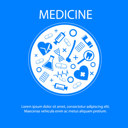 Medicine Banner with Medical Science Symbol Vector Illustration. Health Care Pharmacy Medication Research Innovation Technology Dental Equipment Stomatology Treatment Hospital Clinic Informationのイラスト素材