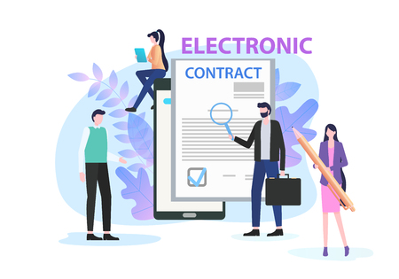 Businessman Study Electronic Contract with Magnifying Glass Vector Illustration. Woman with Pen Document Sign Digital Signature Concept. People Partnership Internet Employment Network Dealのイラスト素材