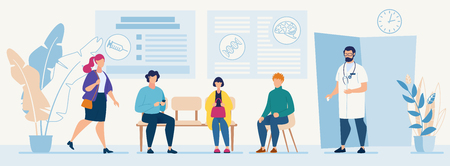 Patients Sitting in Chairs Waiting Appointment Time at Hospital. Doctor Consultation Modern Clinic Vector Illustration. Man Physician in Uniform Welcoming Visitors Medical Diagnosis for Illness Peopleのイラスト素材
