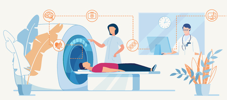 CT or MRI diagnosis in Clinic Flat Banner Template. Hospital Human Brain Body Scan Machine for Patient. Vector Male Doctor Research Man on Computer Female Nurse Configures Scanner Illustrationのイラスト素材