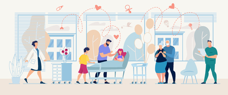 Medical Service with Doctors and Patient in Clinic Banner Template Vector. Healthcare Medic Fast Diagnosis Consultation Flat Illustration Family with Ill Mother Hospital Ward Specialist Ready Consultのイラスト素材