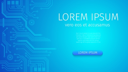 High-Tech Digital Technology. Global Social Media Concept Microcircuits and Processor, Abstract Blue Neon Technological Background. Motherboard. Vector Illustration. Horizontal Banner with Copy Space.のイラスト素材