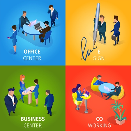 Office and Business Center, E-sign, Coworking Square Banners Set. Businesspeople Characters Working Process and Workplace, Documents and Contract Signing. 3D Isometric Cartoon Vector Illustrationのイラスト素材