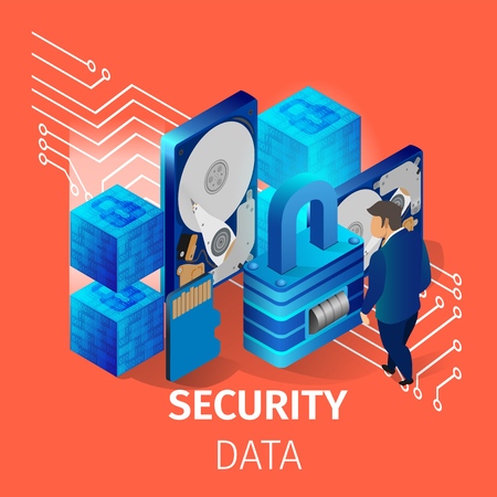 Security Data Square Banner. Man Working In Data Center Room Hosting Server Computer Monitoring Information Database. Information Protection from Hacker Attack 3D Isometric Cartoon Vector Illustrationのイラスト素材